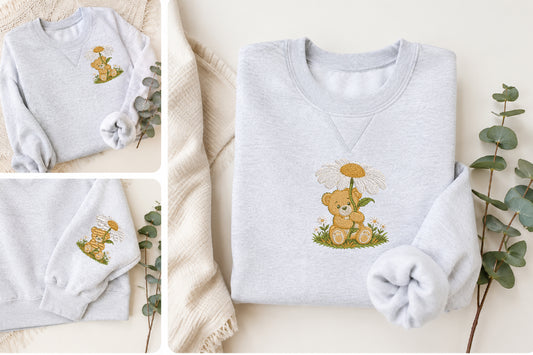 Teddy Bear Baby with Daisy Embroidery Design – Cute Baby Bear Machine Embroidery Pattern, Adorable Floral Nursery Embroidery Design