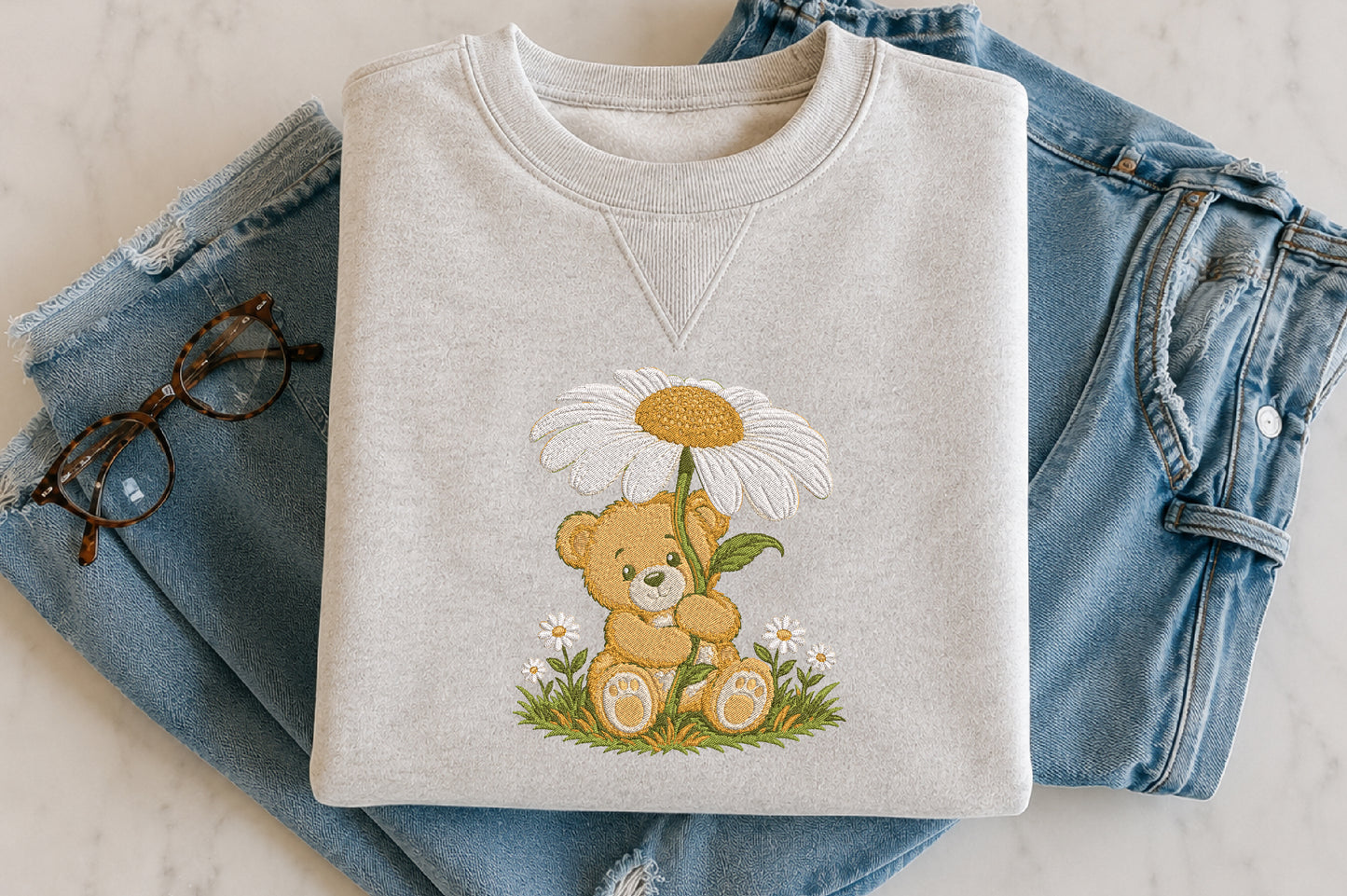 Teddy Bear Baby with Daisy Embroidery Design – Cute Baby Bear Machine Embroidery Pattern, Adorable Floral Nursery Embroidery Design