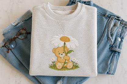 Teddy Bear Baby with Daisy Embroidery Design – Cute Baby Bear Machine Embroidery Pattern, Adorable Floral Nursery Embroidery Design