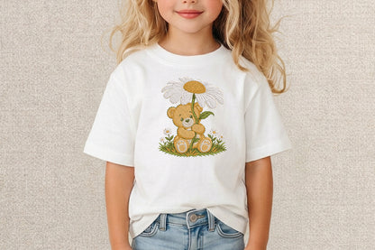 Teddy Bear Baby with Daisy Embroidery Design – Cute Baby Bear Machine Embroidery Pattern, Adorable Floral Nursery Embroidery Design