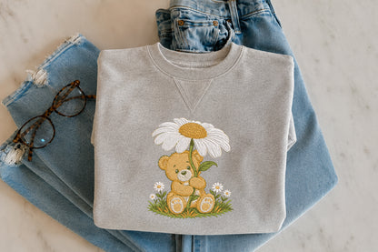Teddy Bear Baby with Daisy Embroidery Design – Cute Baby Bear Machine Embroidery Pattern, Adorable Floral Nursery Embroidery Design
