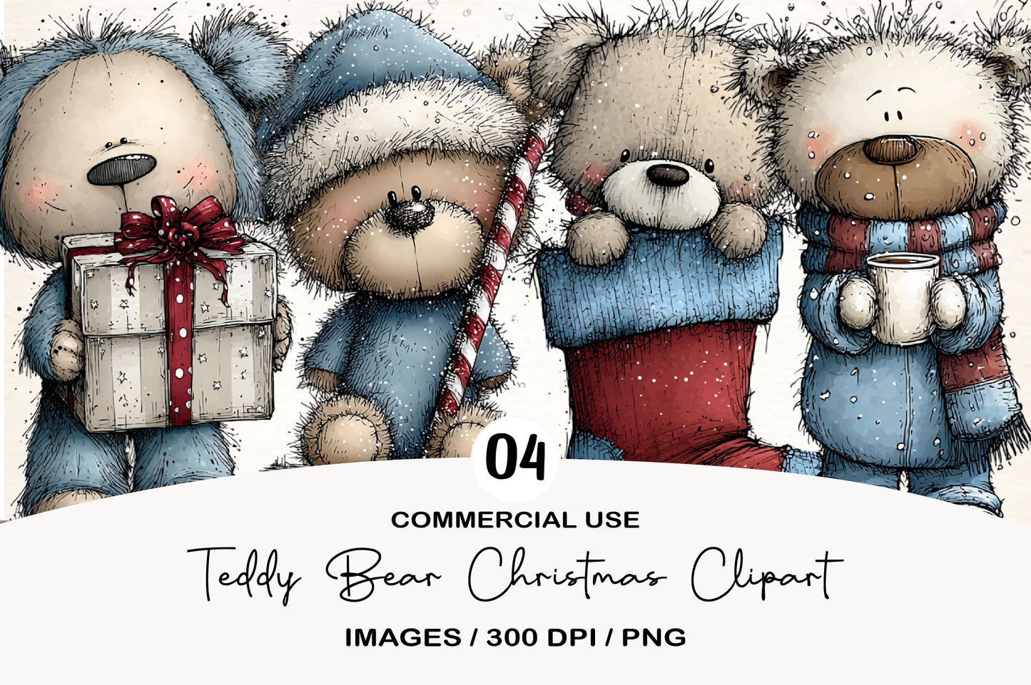 Teddy Bear Christmas Clipart PNG Bundle | Cute Watercolor Holiday Teddy Bear Clipart | Festive Christmas Bear PNG