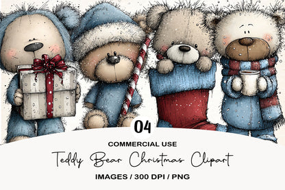 Teddy Bear Christmas Clipart PNG Bundle | Cute Watercolor Holiday Teddy Bear Clipart | Festive Christmas Bear PNG