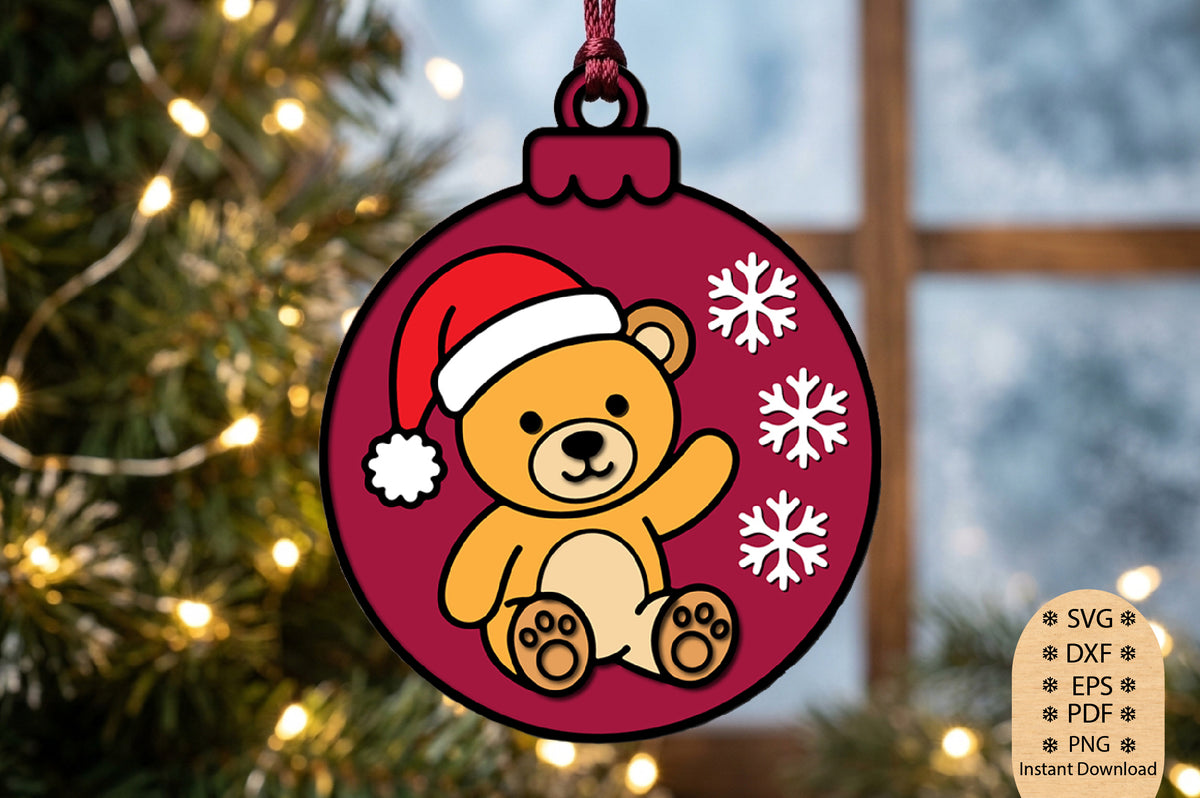 Teddy Bear Christmas Ornament Laser Cut SVG, Christmas Bear Ornament Cut File, Teddy Bear Holiday SVG Design