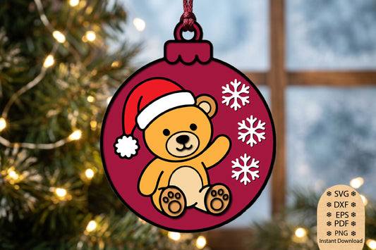 Teddy Bear Christmas Ornament Laser Cut SVG, Christmas Bear Ornament Cut File, Teddy Bear Holiday SVG Design