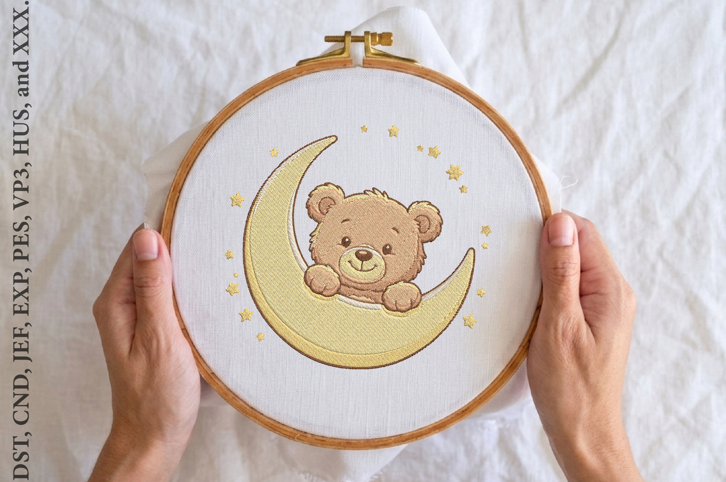 Teddy Bear Moon Embroidery Design – Cute Teddy Bear & Crescent Moon Machine Embroidery Pattern, Adorable Baby Nursery Embroidery Design