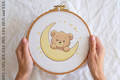 Teddy Bear Moon Embroidery Design – Cute Teddy Bear & Crescent Moon Machine Embroidery Pattern, Adorable Baby Nursery Embroidery Design