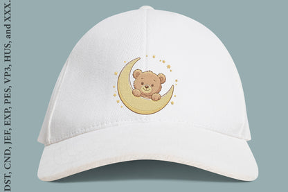 Teddy Bear Moon Embroidery Design – Cute Teddy Bear & Crescent Moon Machine Embroidery Pattern, Adorable Baby Nursery Embroidery Design