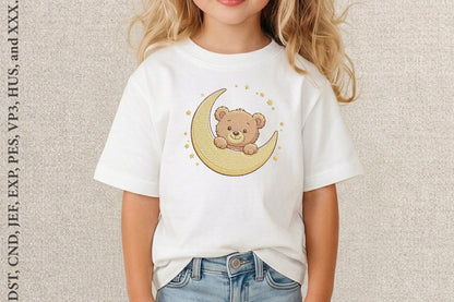 Teddy Bear Moon Embroidery Design – Cute Teddy Bear & Crescent Moon Machine Embroidery Pattern, Adorable Baby Nursery Embroidery Design