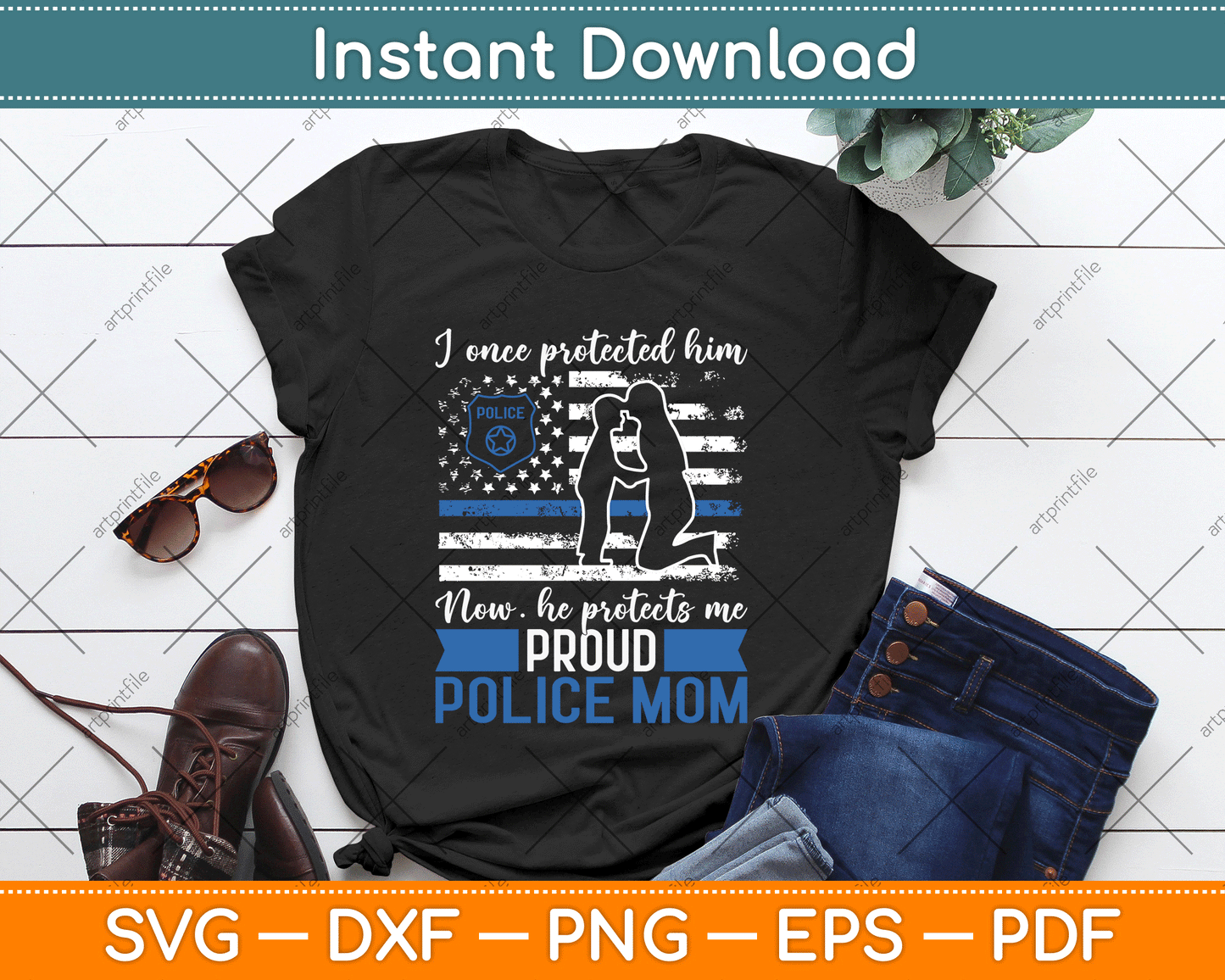 Thin Blue Line American Flag Proud Police Mom SVG Digital Cutting File