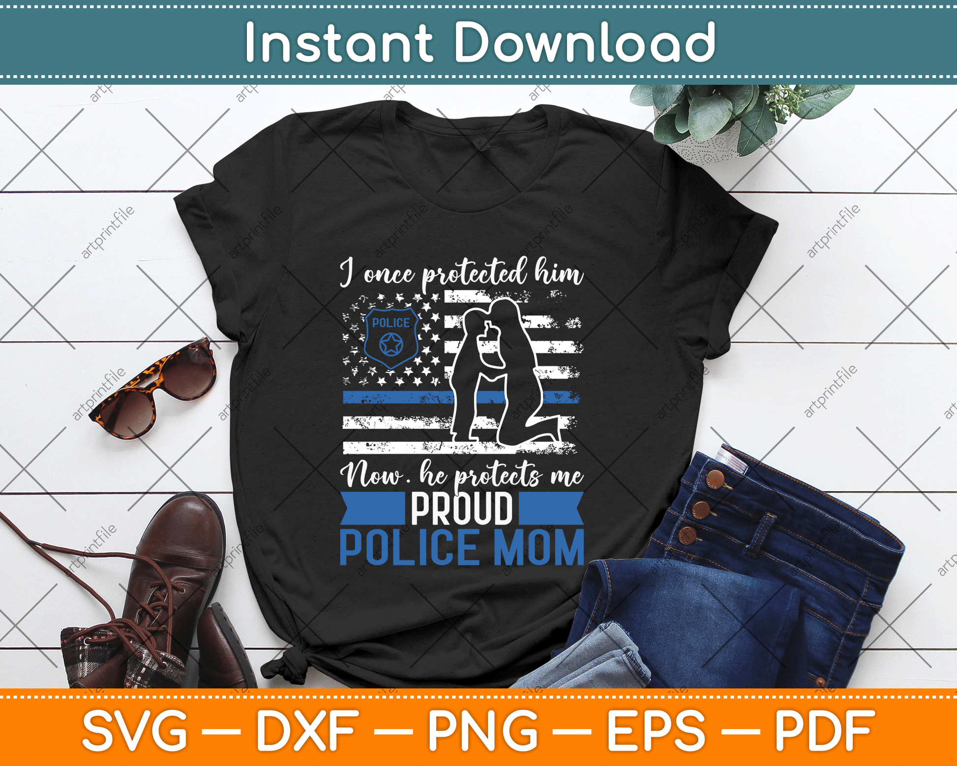 Thin Blue Line American Flag Proud Police Mom SVG Digital Cutting File