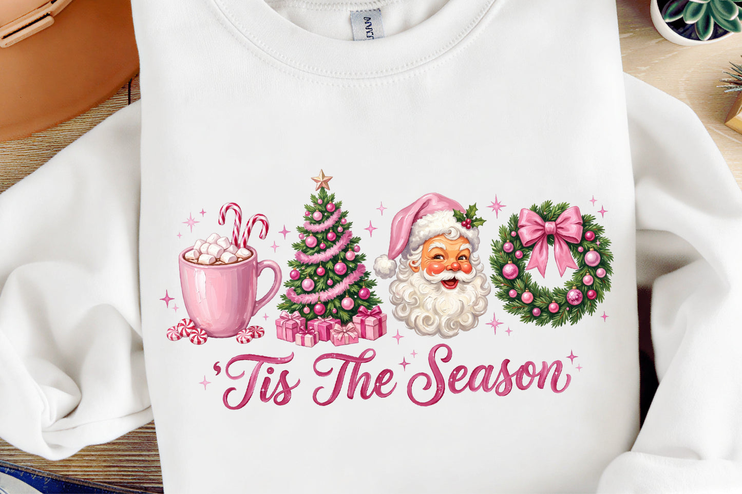 Pink Christmas Tis The Season PNG Santa Tree Wreath Hot Cocoa Holiday Clipart