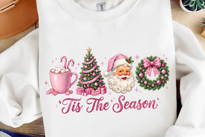 Pink Christmas Tis The Season PNG Santa Tree Wreath Hot Cocoa Holiday Clipart