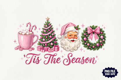 Pink Christmas Tis The Season PNG Santa Tree Wreath Hot Cocoa Holiday Clipart