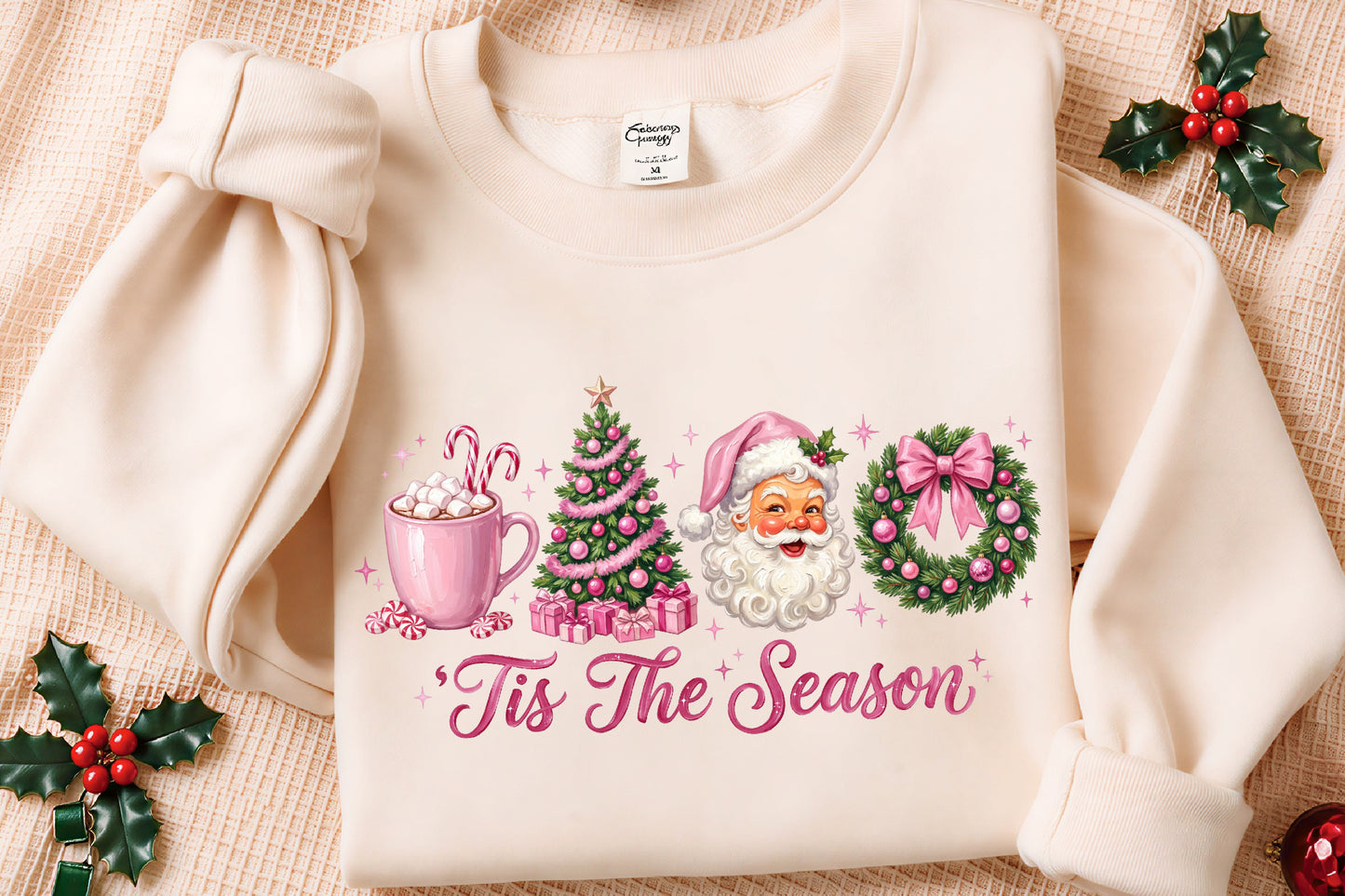 Pink Christmas Tis The Season PNG Santa Tree Wreath Hot Cocoa Holiday Clipart