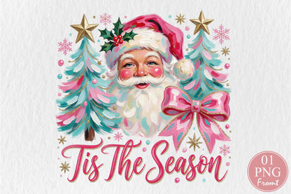 Tis The Season Christmas Santa PNG Pink Christmas Tree Holiday Sublimation