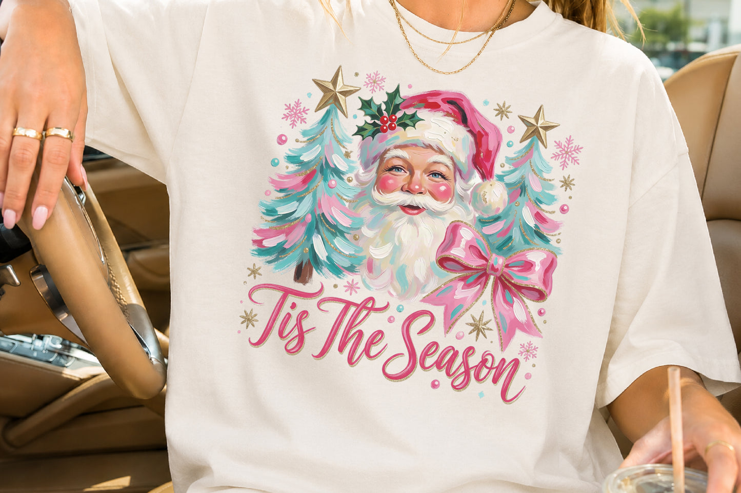 Tis The Season Christmas Santa PNG Pink Christmas Tree Holiday Sublimation