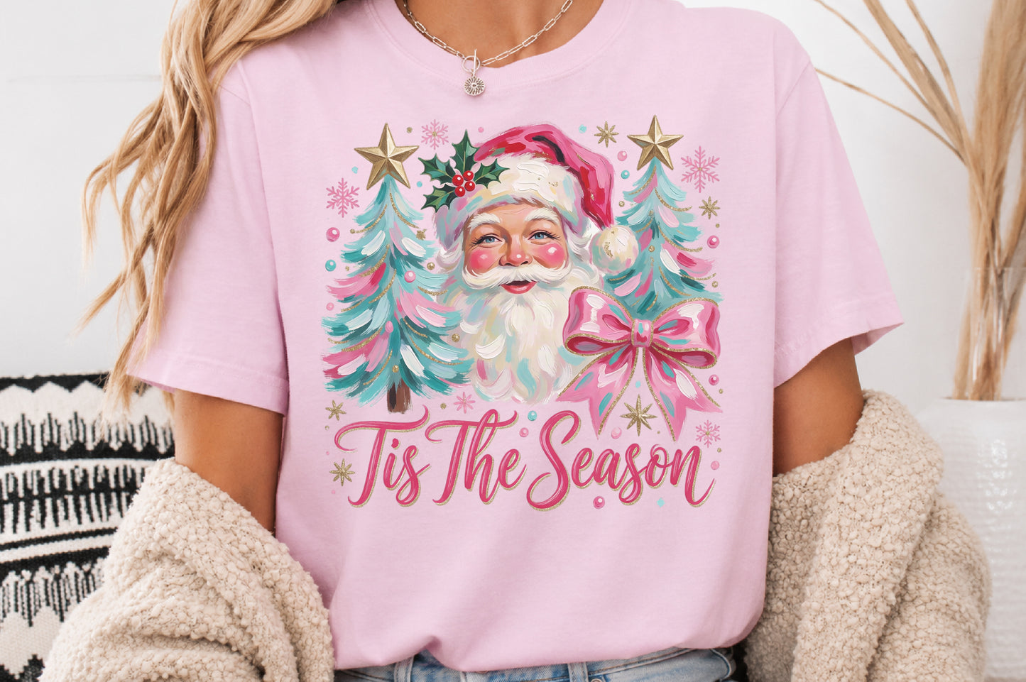 Tis The Season Christmas Santa PNG Pink Christmas Tree Holiday Sublimation