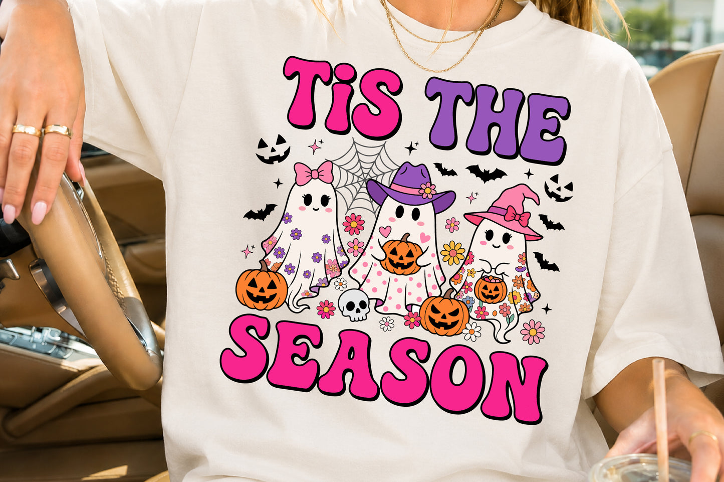 Tis The Season Halloween PNG Cute Ghost Witch Pink Spooky Sublimation Design