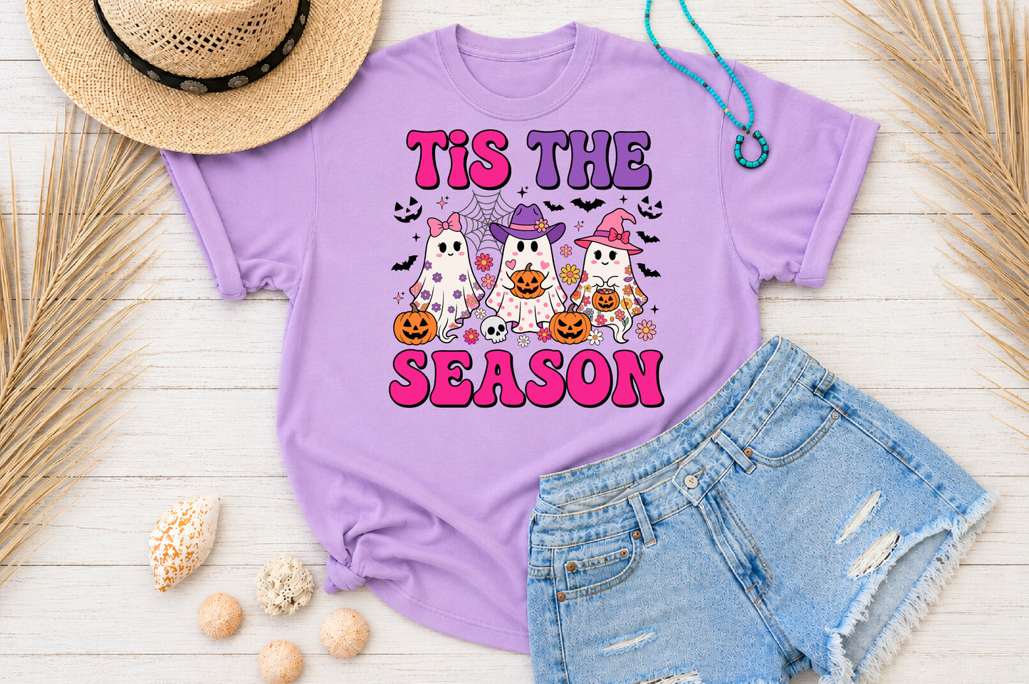 Tis The Season Halloween PNG Cute Ghost Witch Pink Spooky Sublimation Design