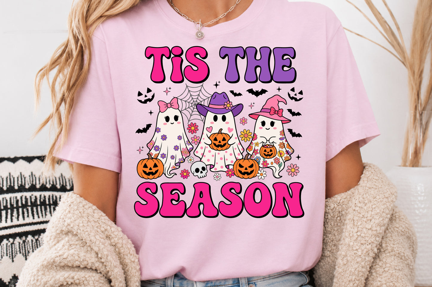 Tis The Season Halloween PNG Cute Ghost Witch Pink Spooky Sublimation Design
