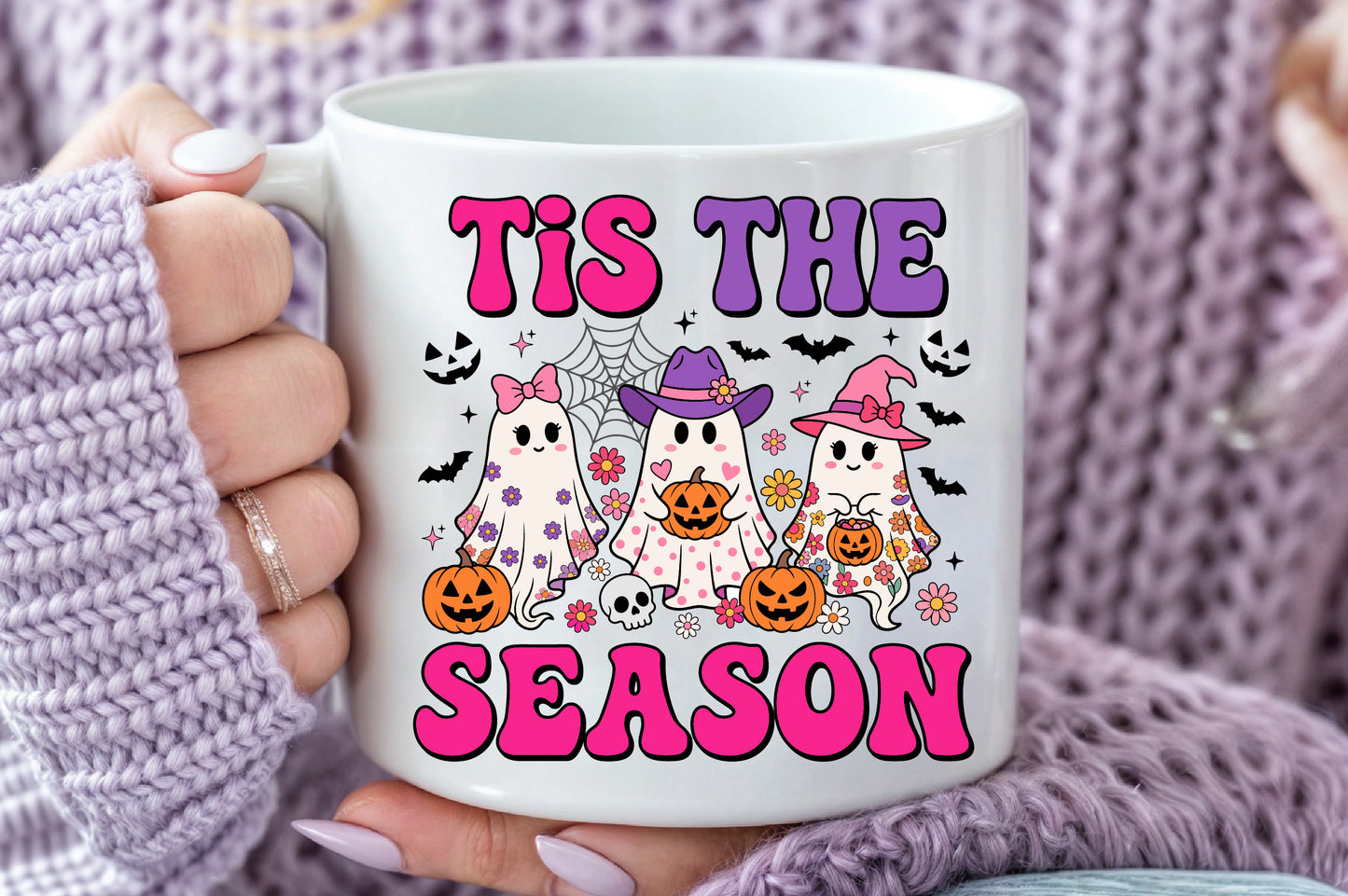 Tis The Season Halloween PNG Cute Ghost Witch Pink Spooky Sublimation Design