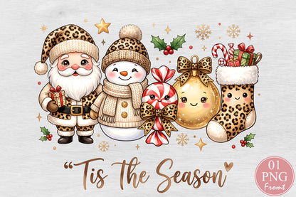 Tis The Season Leopard Print Christmas PNG Santa Snowman Sublimation Design