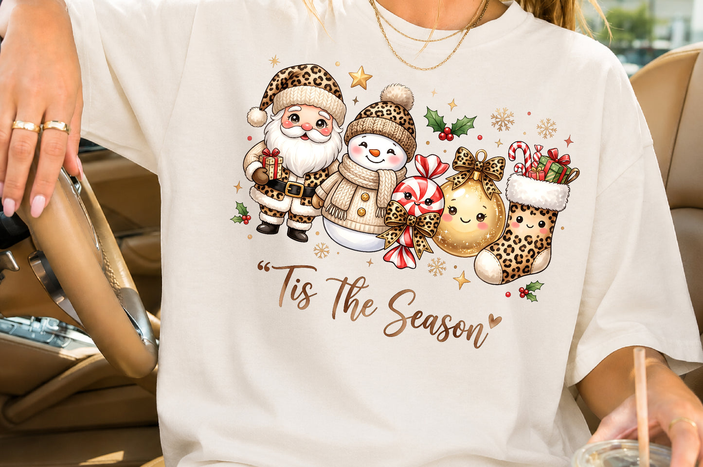 Tis The Season Leopard Print Christmas PNG Santa Snowman Sublimation Design
