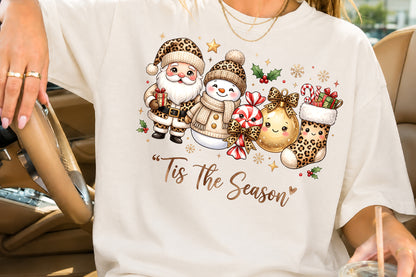 Tis The Season Leopard Print Christmas PNG Santa Snowman Sublimation Design