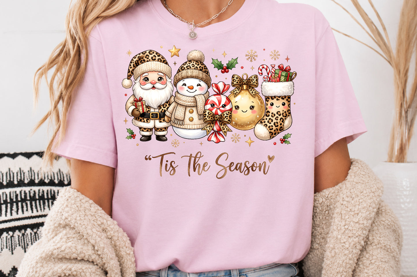 Tis The Season Leopard Print Christmas PNG Santa Snowman Sublimation Design