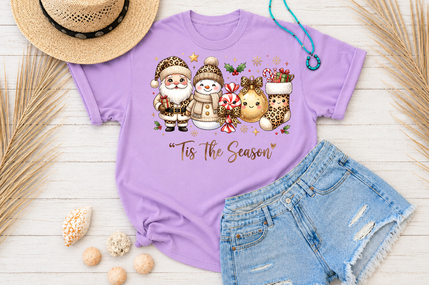 Tis The Season Leopard Print Christmas PNG Santa Snowman Sublimation Design
