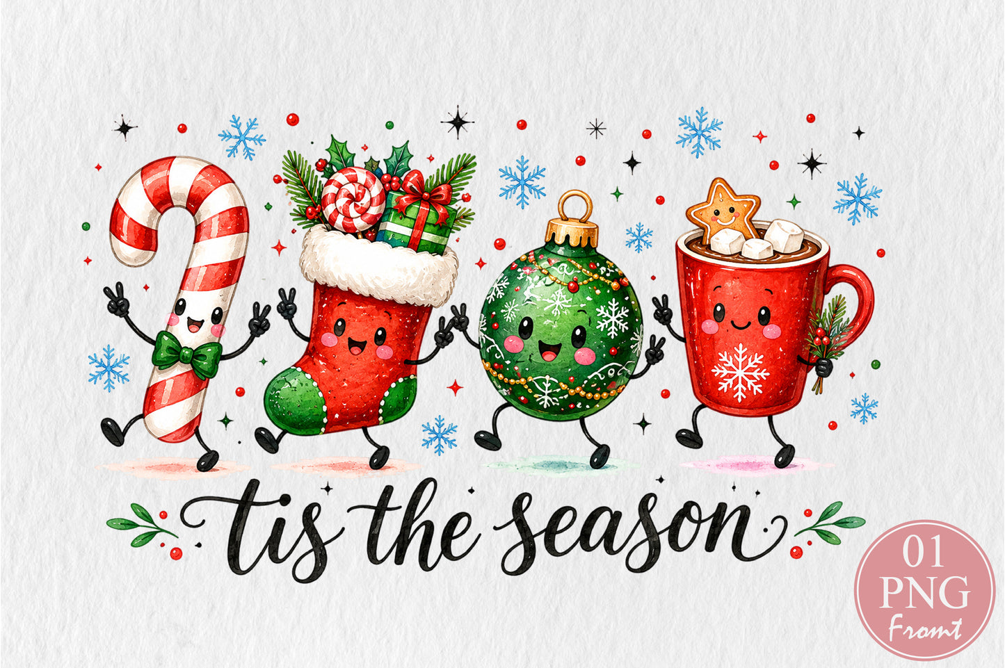 Tis The Season Christmas Doodle PNG Candy Cane Stocking Ornament Hot Cocoa Sublimation