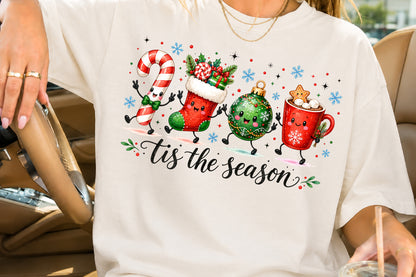 Tis The Season Christmas Doodle PNG Candy Cane Stocking Ornament Hot Cocoa Sublimation
