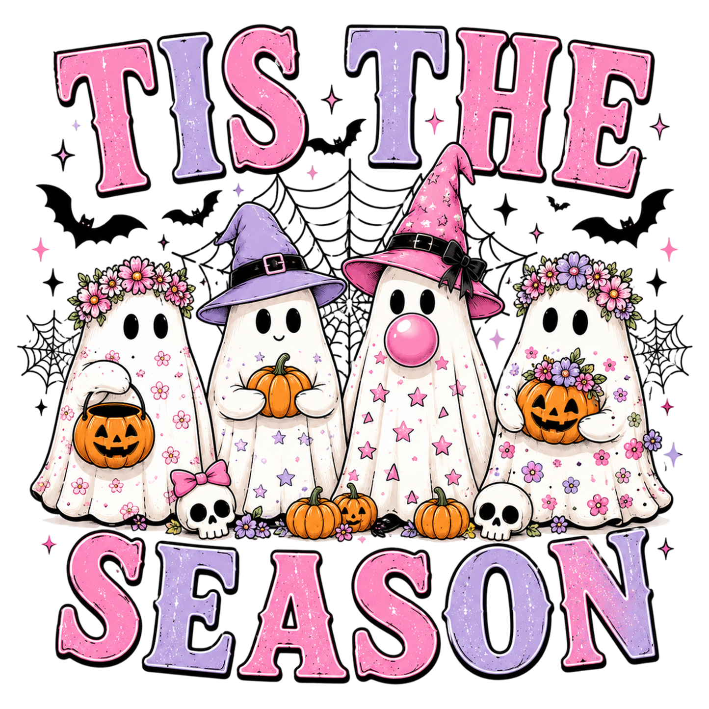 Tis The Spooky Season PNG | Cute Halloween Ghosts Pumpkin Witch Hat Floral Bat Clipart | Pink Purple Sublimation Design