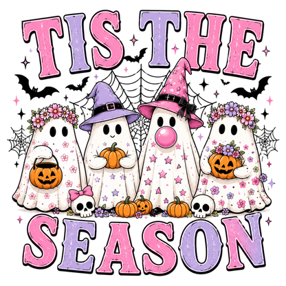 Tis The Spooky Season PNG | Cute Halloween Ghosts Pumpkin Witch Hat Floral Bat Clipart | Pink Purple Sublimation Design