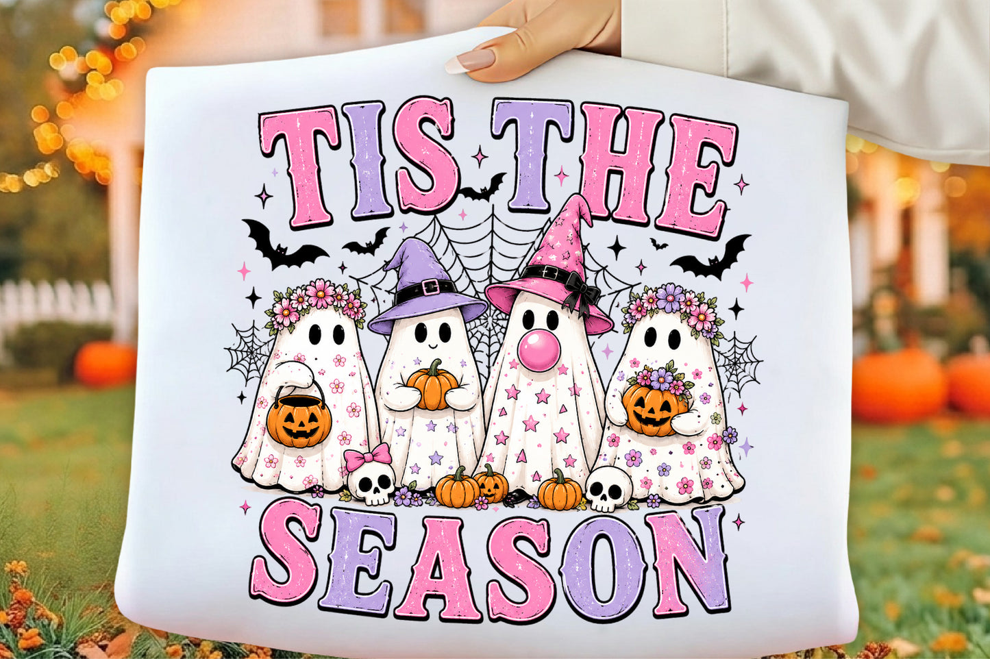 Tis The Spooky Season PNG | Cute Halloween Ghosts Pumpkin Witch Hat Floral Bat Clipart | Pink Purple Sublimation Design