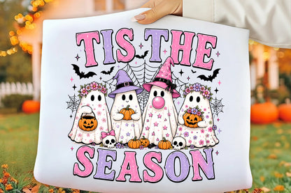 Tis The Spooky Season PNG | Cute Halloween Ghosts Pumpkin Witch Hat Floral Bat Clipart | Pink Purple Sublimation Design