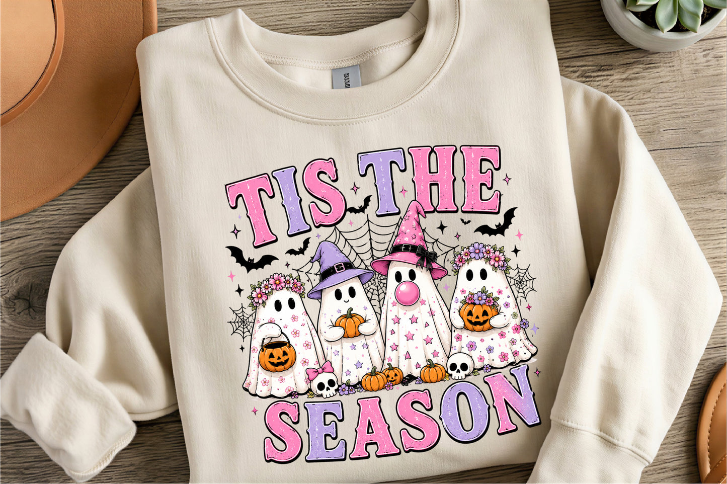 Tis The Spooky Season PNG | Cute Halloween Ghosts Pumpkin Witch Hat Floral Bat Clipart | Pink Purple Sublimation Design