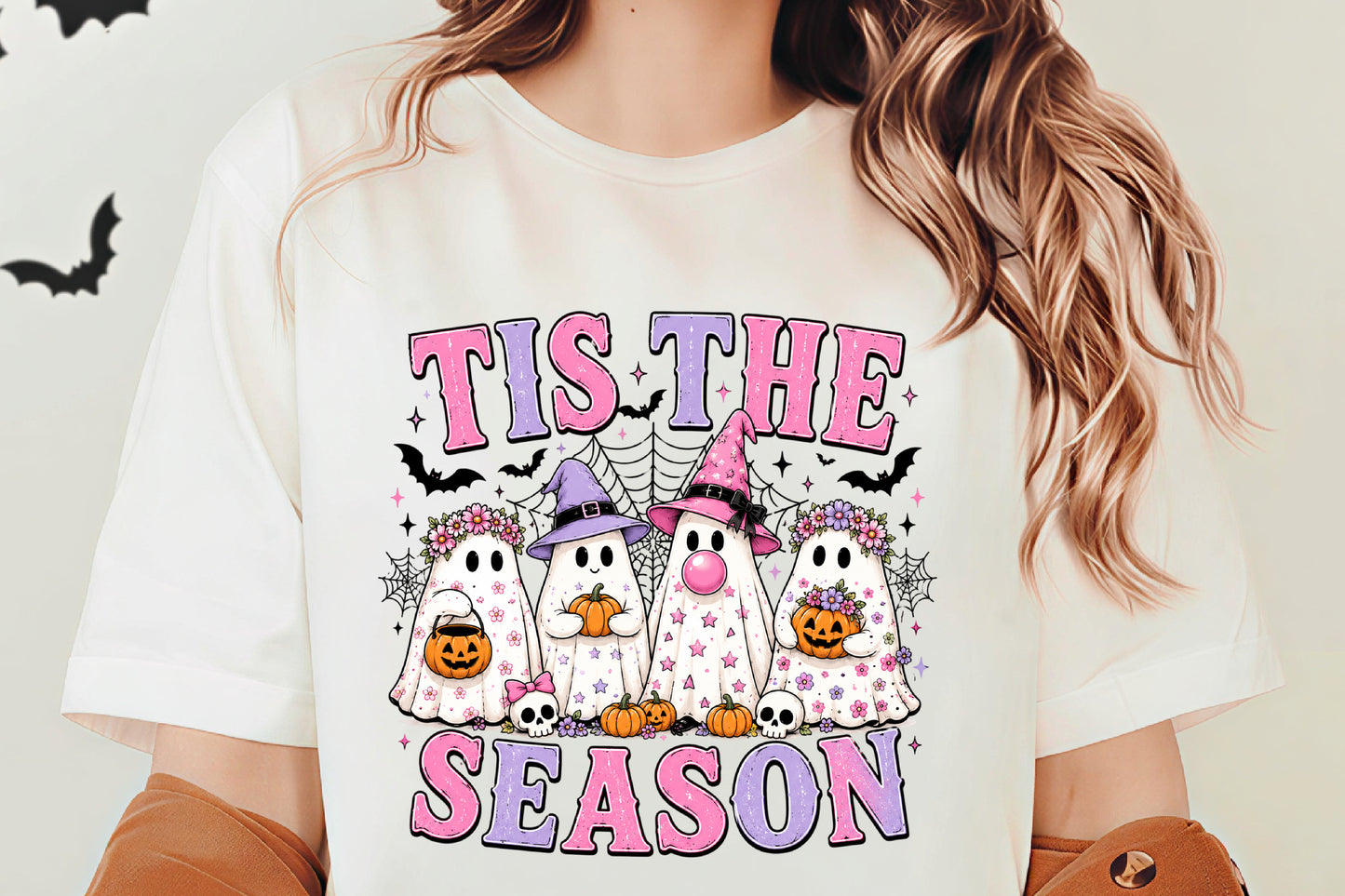 Tis The Spooky Season PNG | Cute Halloween Ghosts Pumpkin Witch Hat Floral Bat Clipart | Pink Purple Sublimation Design