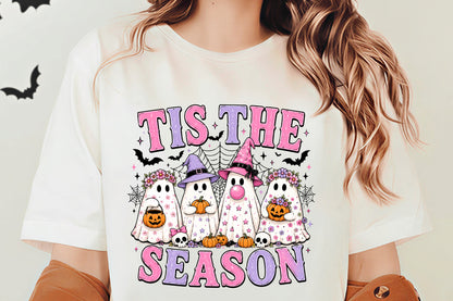 Tis The Spooky Season PNG | Cute Halloween Ghosts Pumpkin Witch Hat Floral Bat Clipart | Pink Purple Sublimation Design