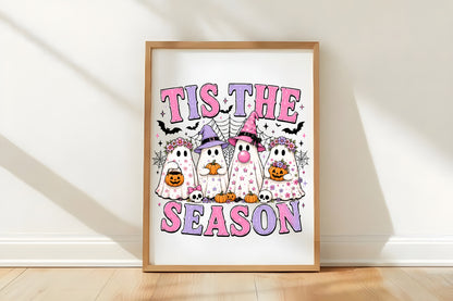 Tis The Spooky Season PNG | Cute Halloween Ghosts Pumpkin Witch Hat Floral Bat Clipart | Pink Purple Sublimation Design