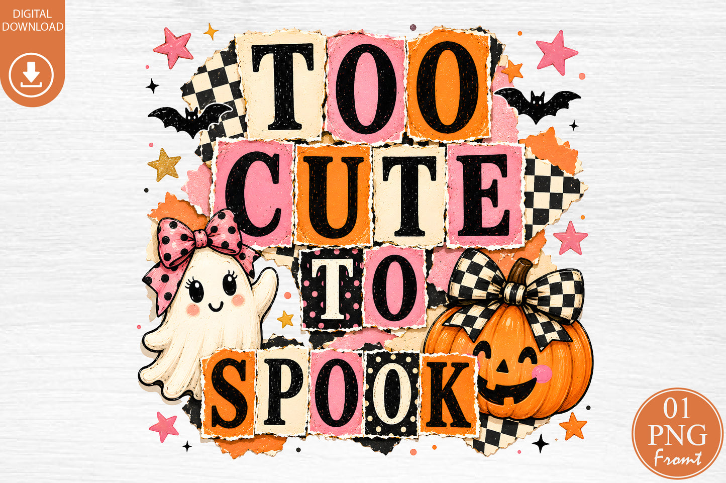 Too Cute To Spook Halloween PNG Cute Ghost Pumpkin Sublimation Design