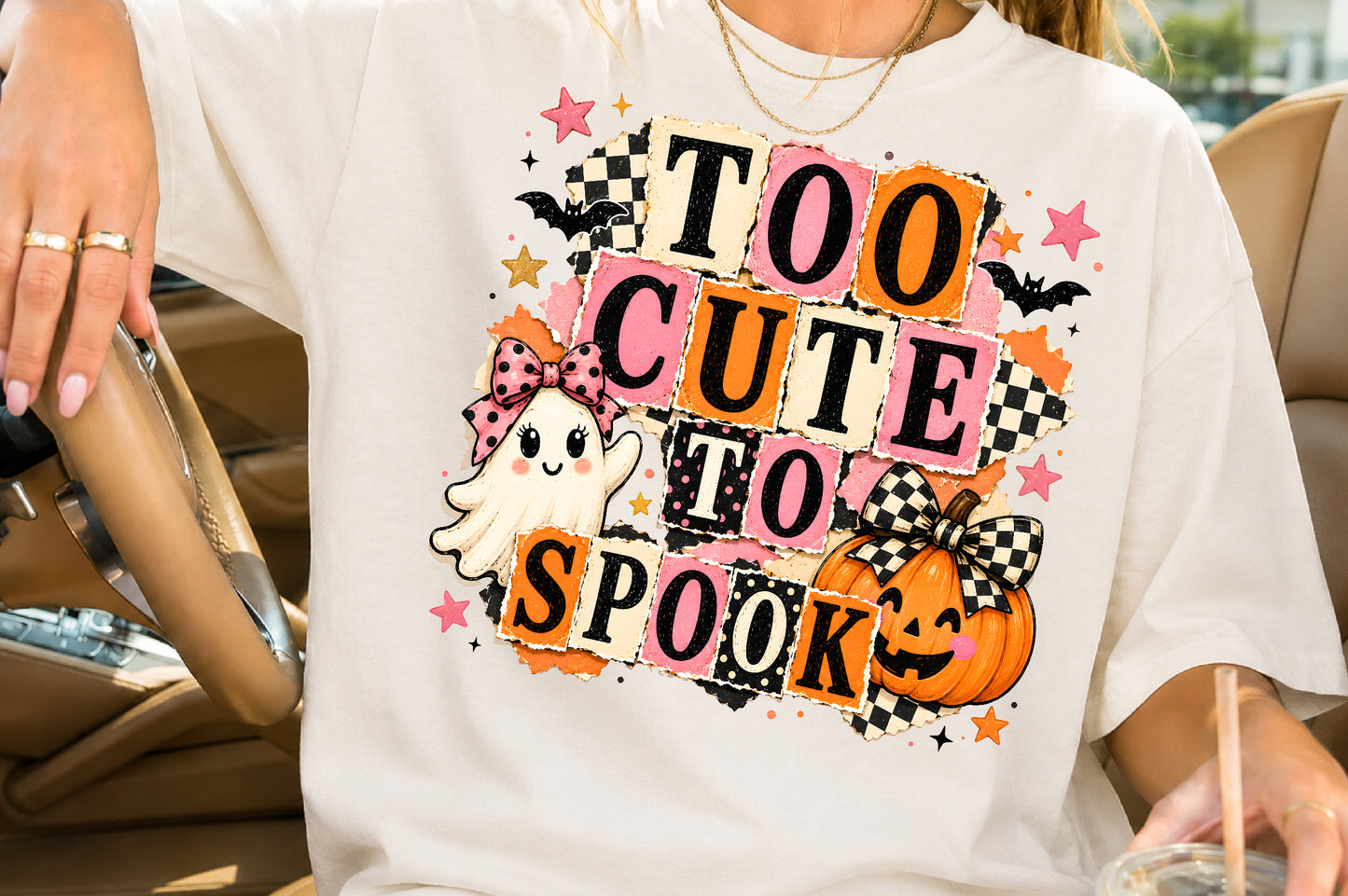 Too Cute To Spook Halloween PNG Cute Ghost Pumpkin Sublimation Design