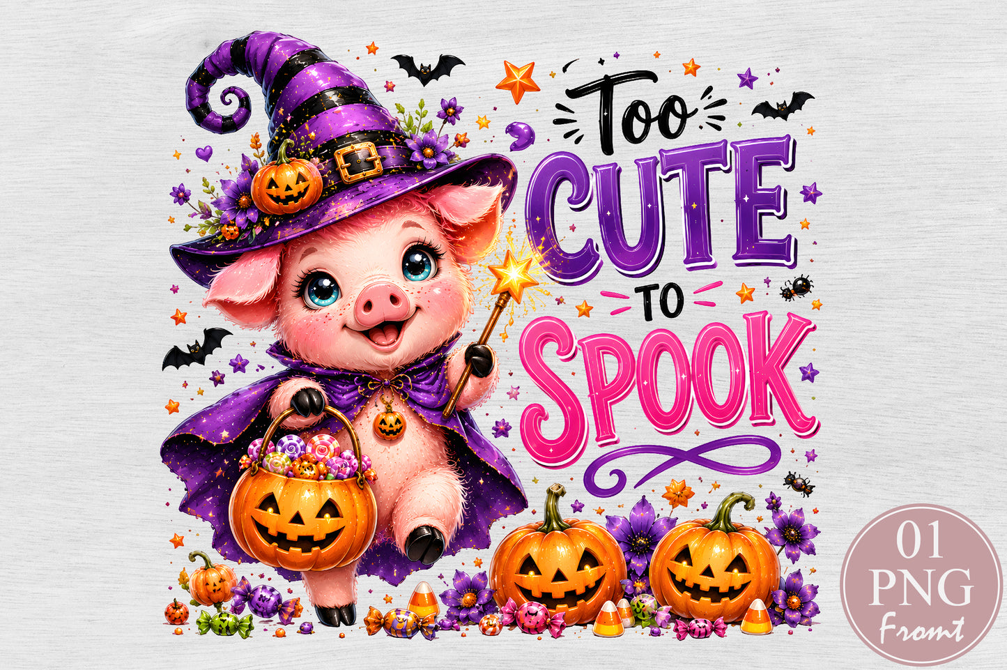 Too Cute To Spook Witch Pig Halloween Sublimation PNG Cute Halloween Quote