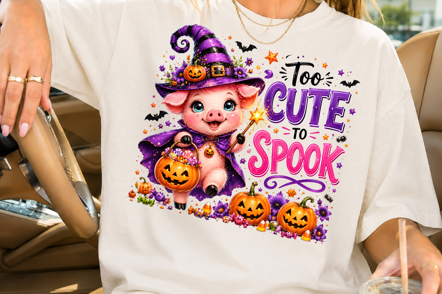 Too Cute To Spook Witch Pig Halloween Sublimation PNG Cute Halloween Quote