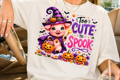 Too Cute To Spook Witch Pig Halloween Sublimation PNG Cute Halloween Quote