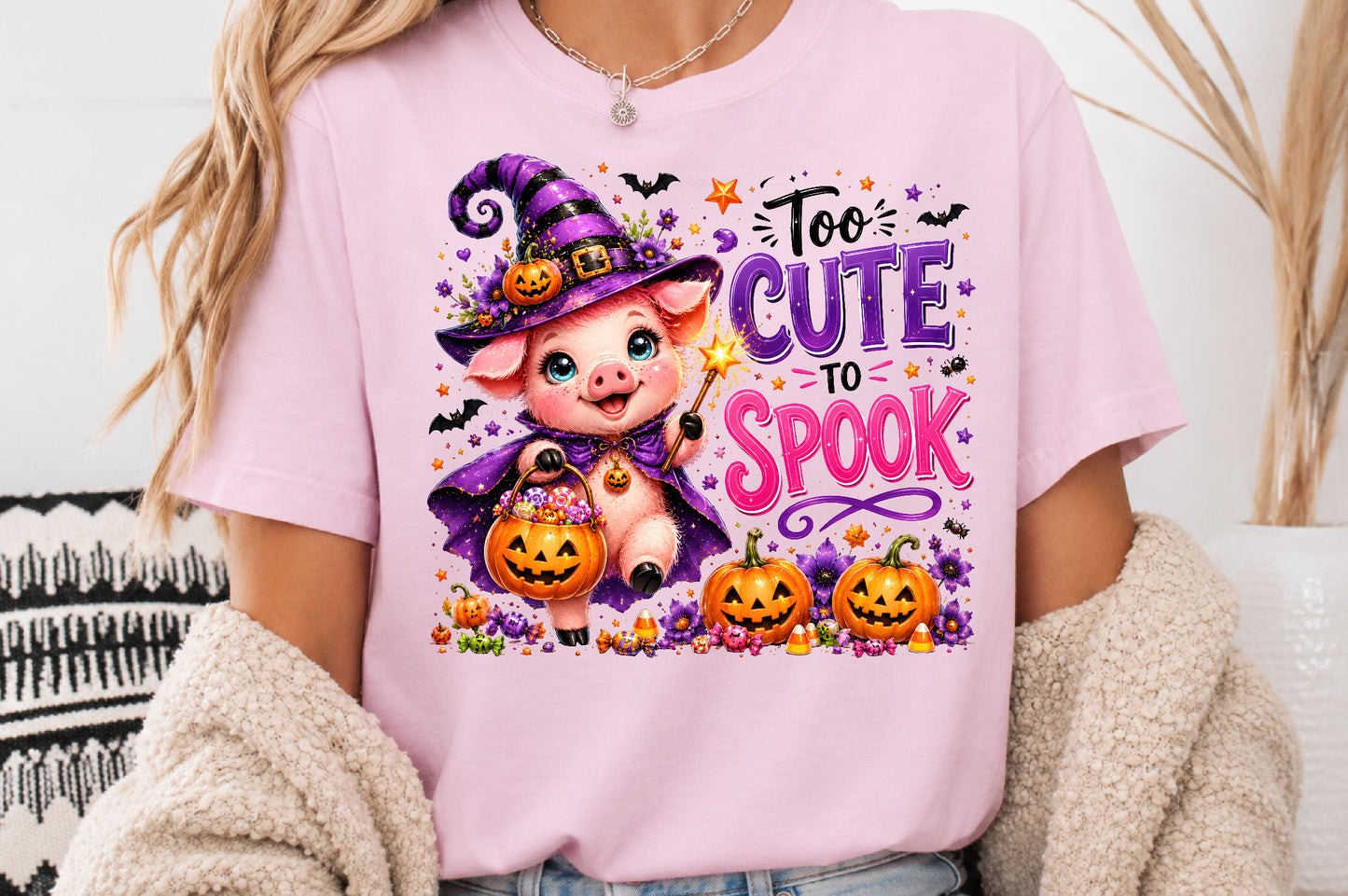 Too Cute To Spook Witch Pig Halloween Sublimation PNG Cute Halloween Quote