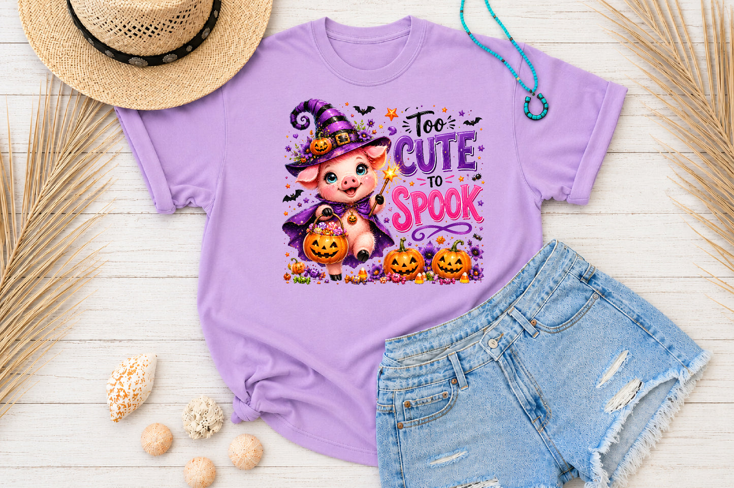 Too Cute To Spook Witch Pig Halloween Sublimation PNG Cute Halloween Quote