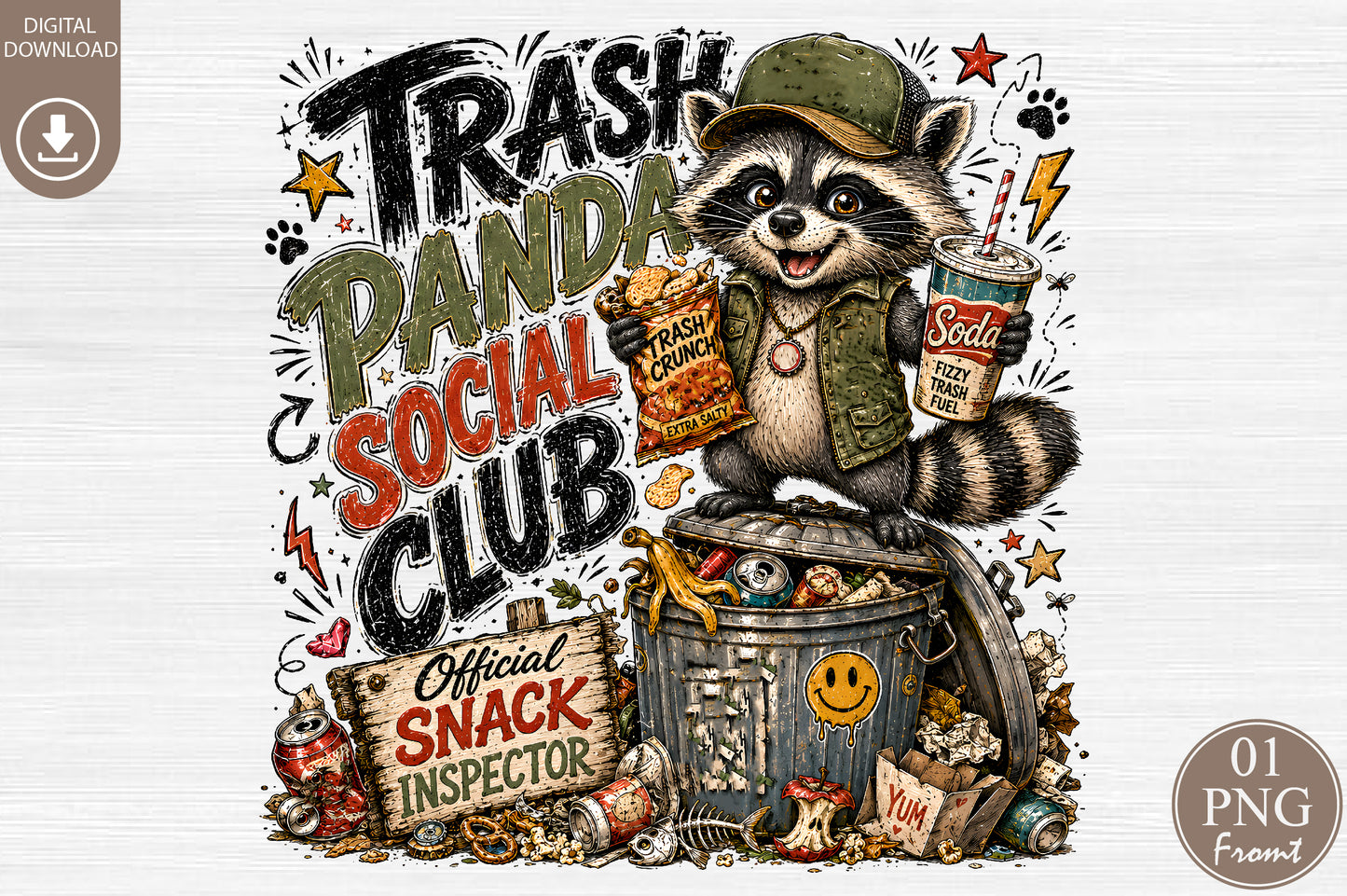 Trash Panda Social Club PNG Funny Raccoon Trashy Snack Sublimation