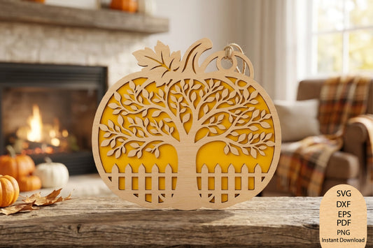 Tree And Pumpkin Ornament Laser Cut SVG, Fall Pumpkin Ornament Cut File, Autumn Tree SVG, Halloween Decor Design
